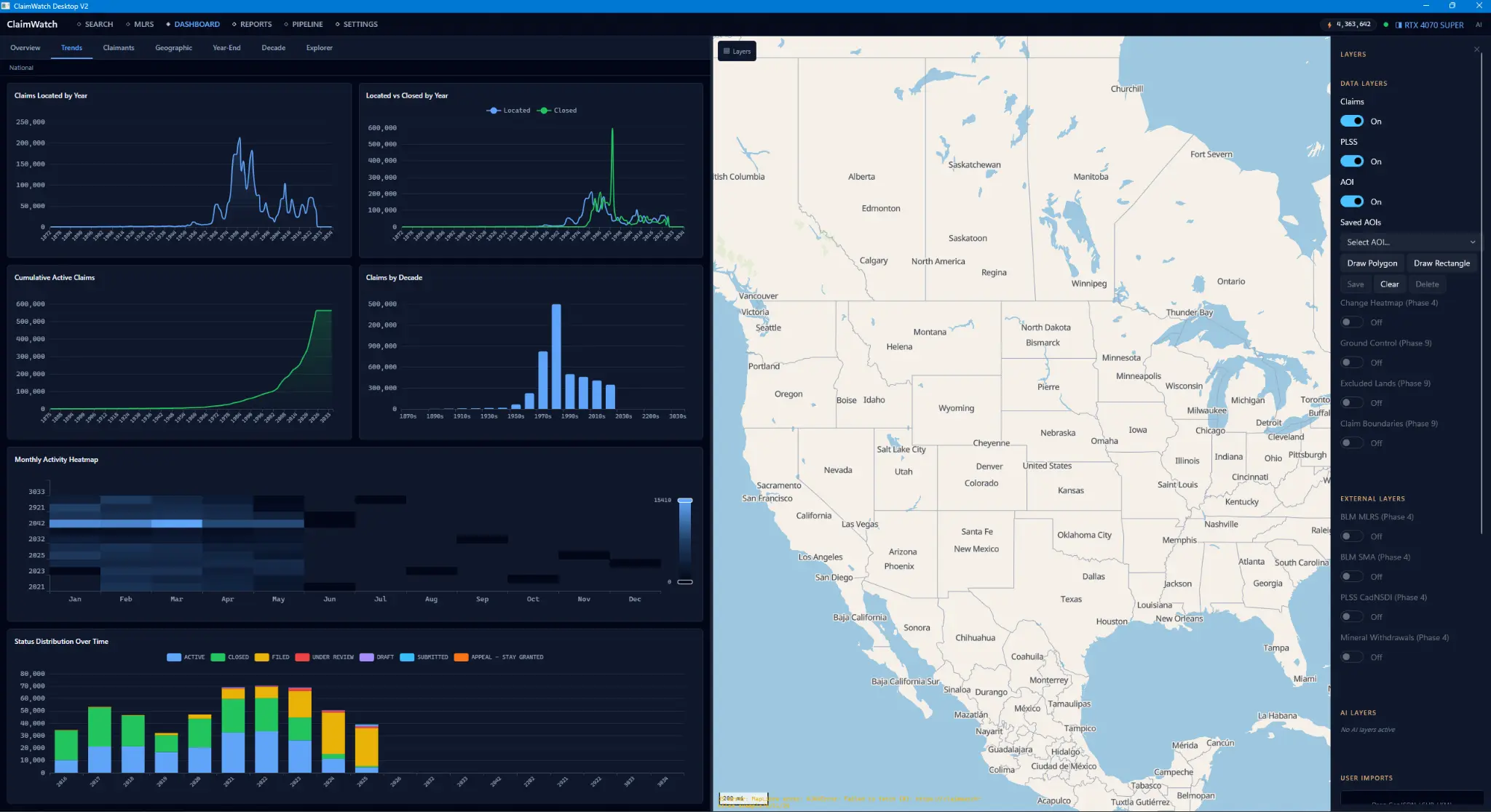 AI-enabled desktop application showing analytics dashboards, map tools, and GPU-assisted workflows.